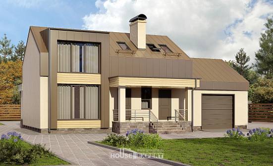 150-015-Л Проект двухэтажного дома мансардой и гаражом, скромный дом из бризолита Липецк | Проекты домов от House Expert
